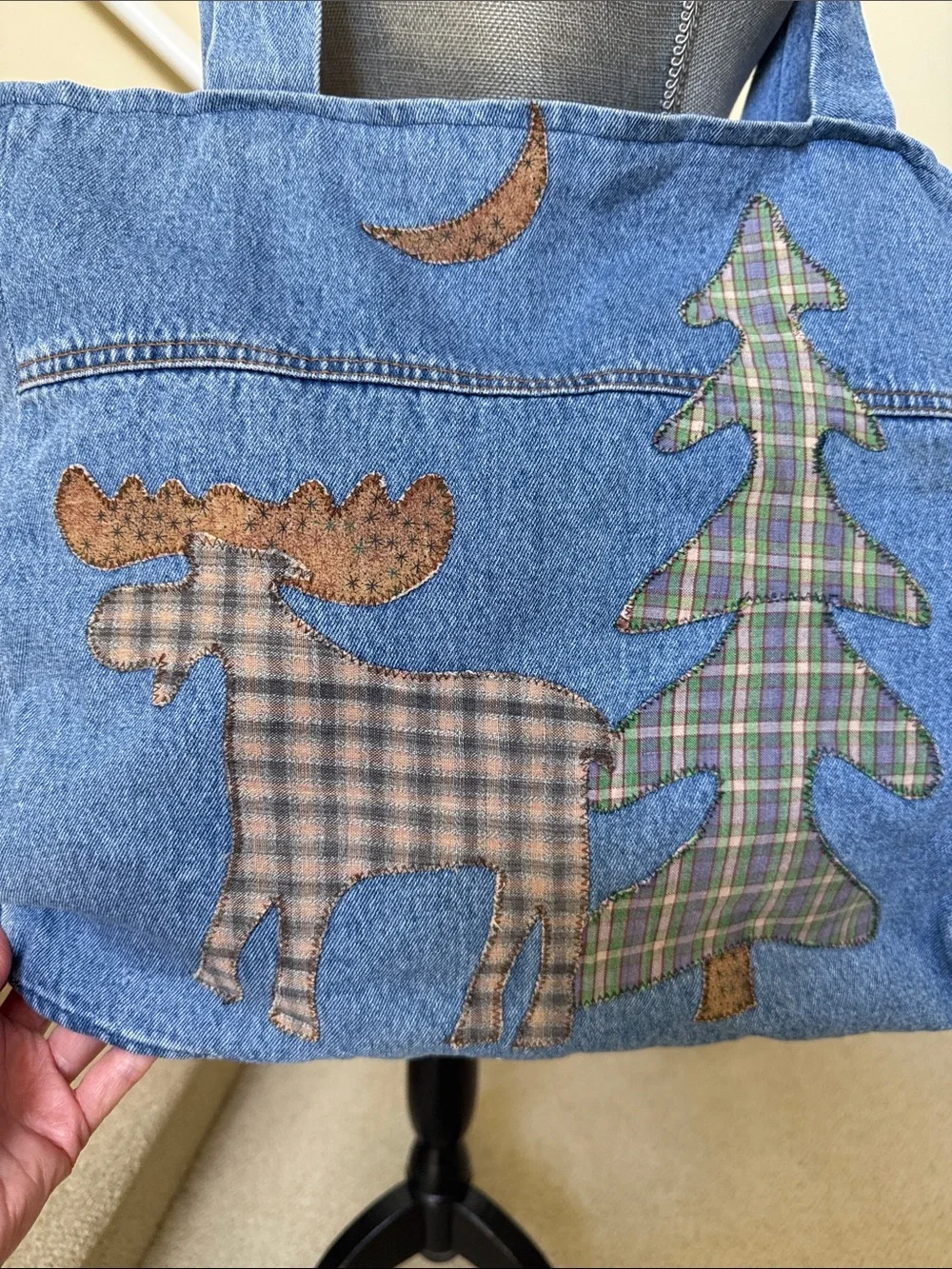 New w/o tag Denim Stonewashed Tote Bag with Plaid Moose & Tree Appliqué - Blue